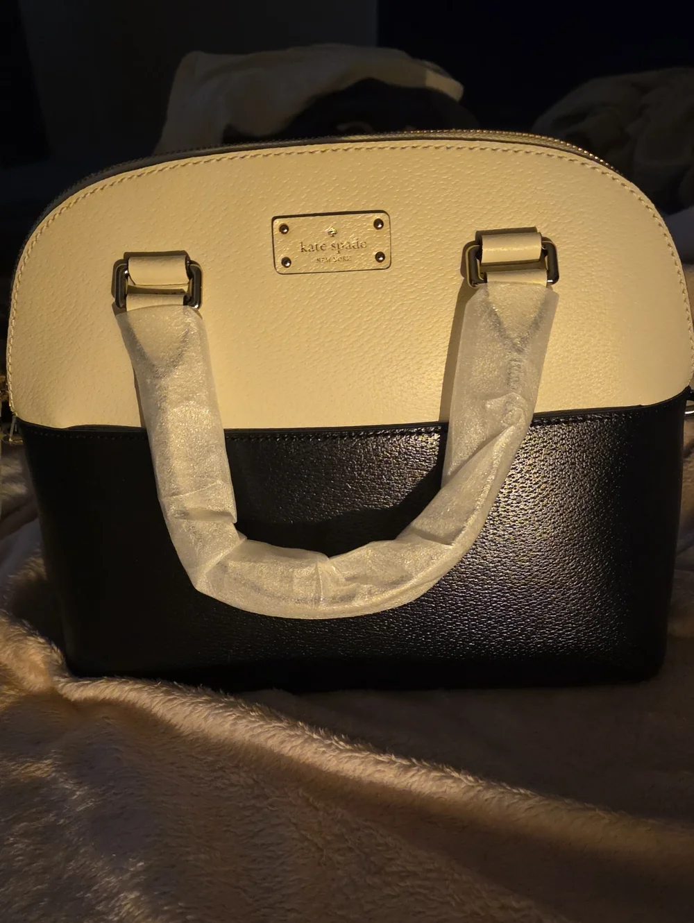 kate spade Two-Tone Cream and Black Dome Satchel with Gold Plaque